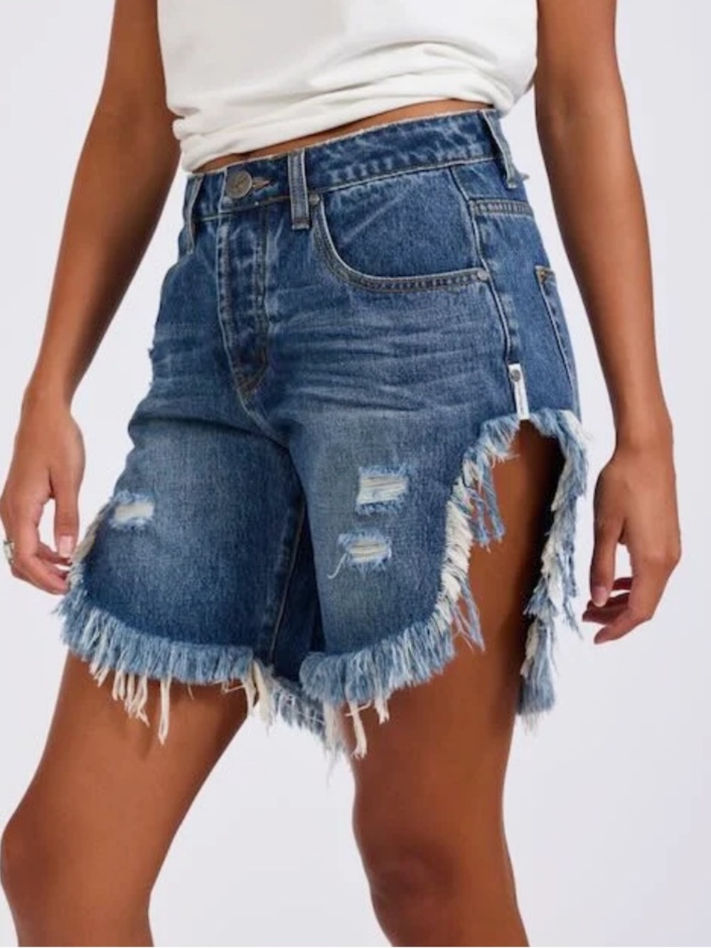 Frayed Dark Wash Denim Shorts - Women